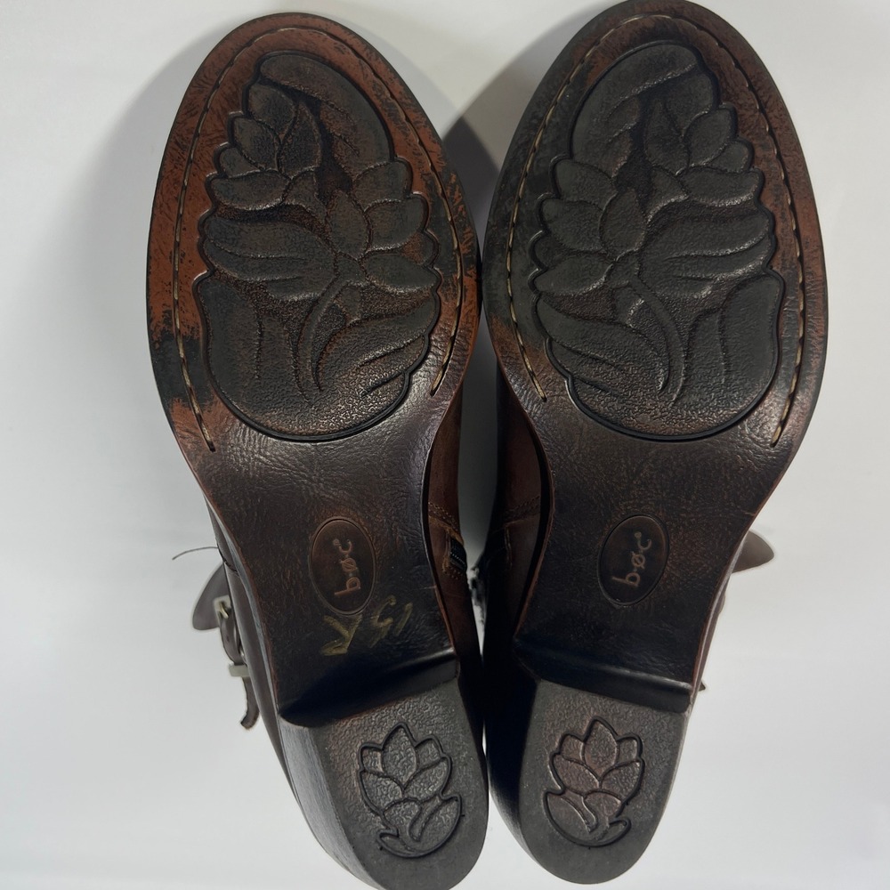 B.O.C by Born Brown Leather Buckle Ankle Boots 8.5 Block Heel Side Zip Booties - Picture 7 of 8